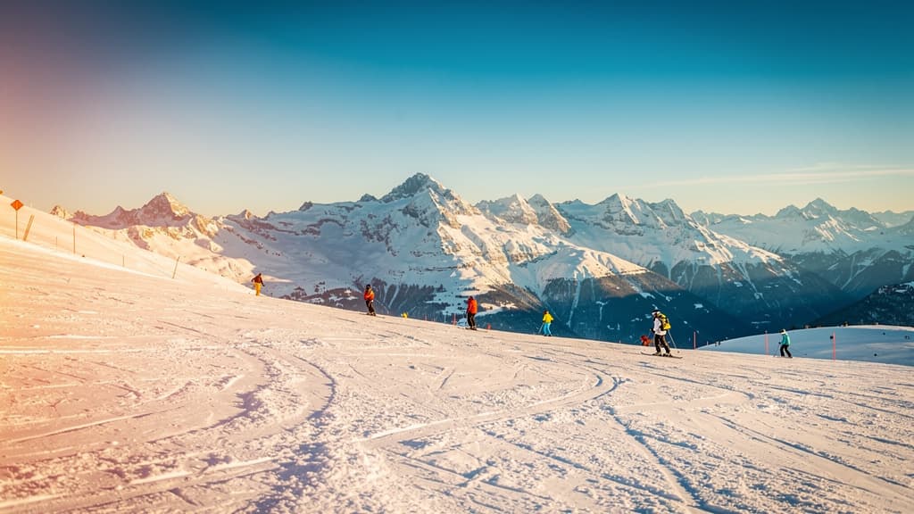 Piste de ski ensoleillée en haute montagne, neige étincelante et sommets à l’horizon