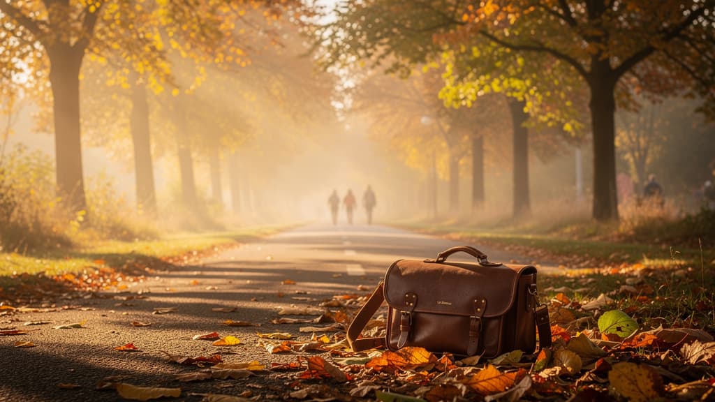 Chemin bordé d’arbres dans la lumière douce de fin d’été, cartable posé et premières feuilles ambrées