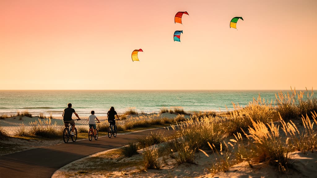 Famille à vélo sur un chemin côtier au soleil couchant, dunes et cerfs-volants