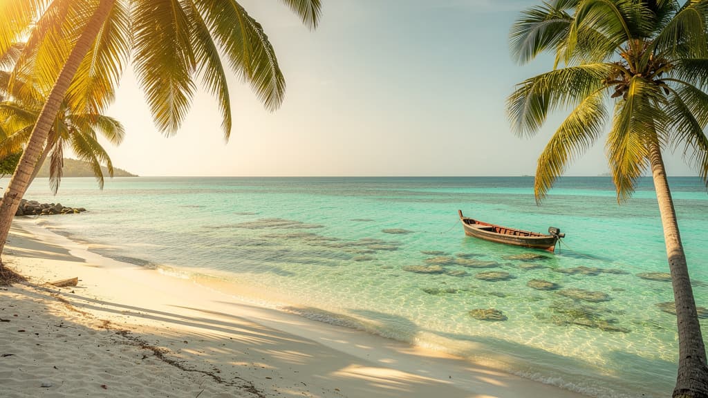 Lagon turquoise bordé de palmiers et de sable blanc, petite barque traditionnelle