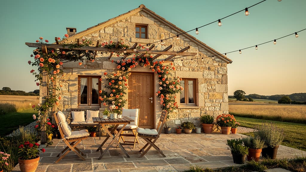 Petite maison d’hôtes en pierre avec terrasse fleurie et guirlandes, lumière de fin d’après-midi