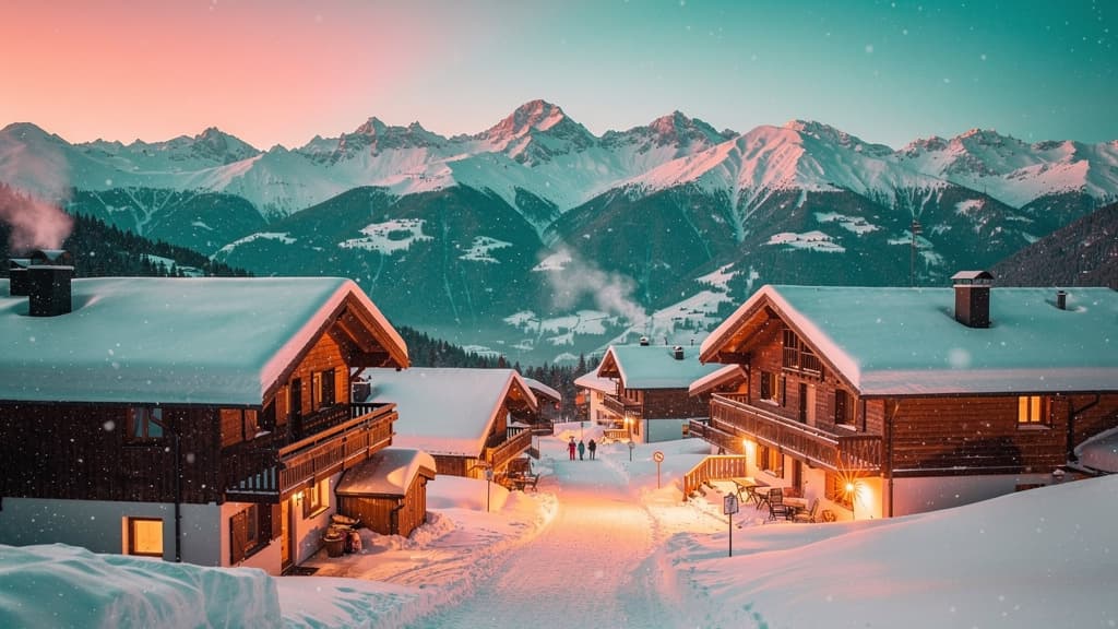 Village alpin enneigé au crépuscule, chalets illuminés sous une douce neige