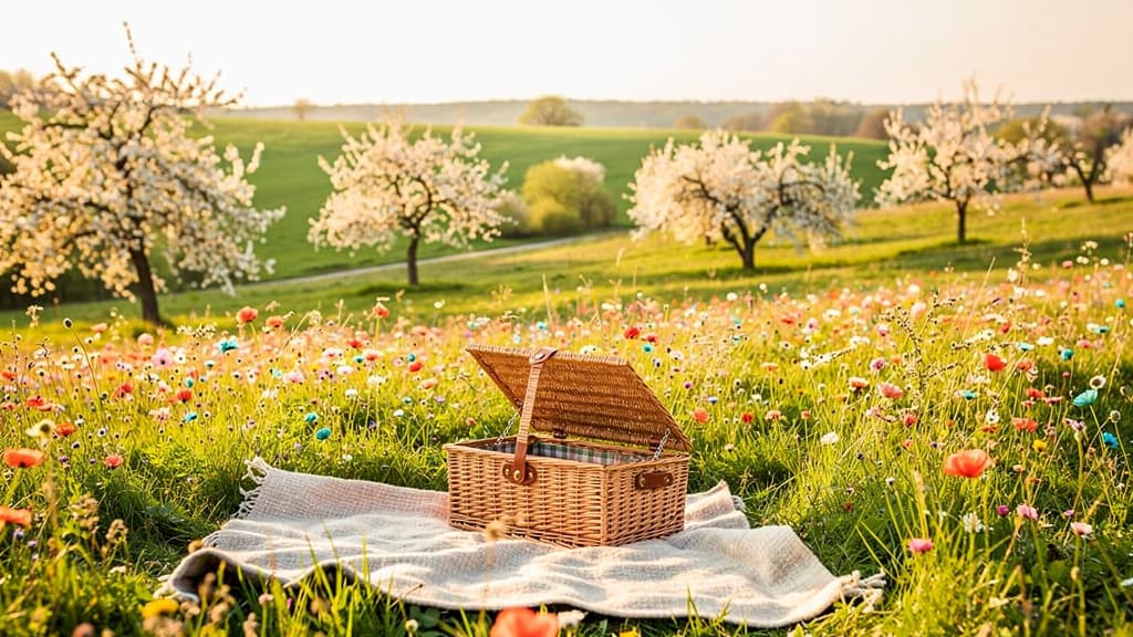 Prairie de printemps en fleurs avec pique-nique, collines vertes et arbres fruitiers en fleur