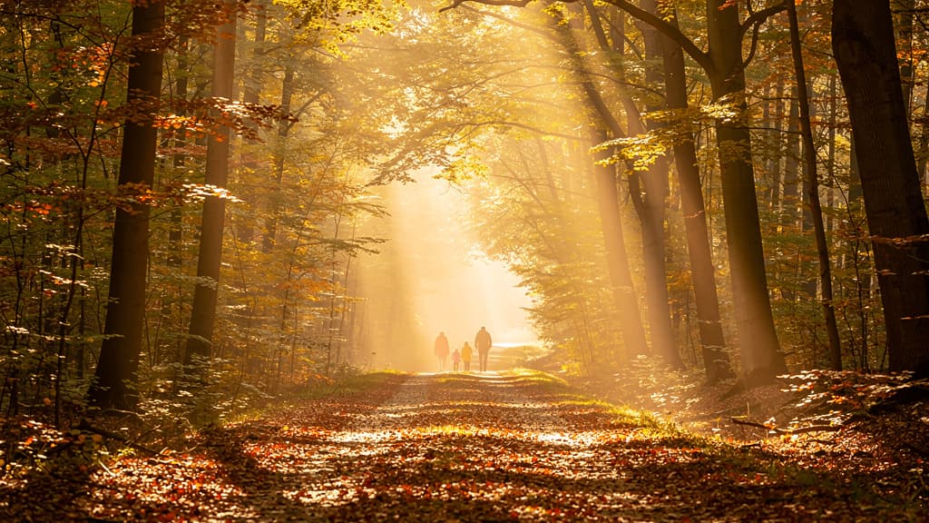 Chemin forestier d’automne couvert de feuilles ambrées, lumière chaude entre les arbres