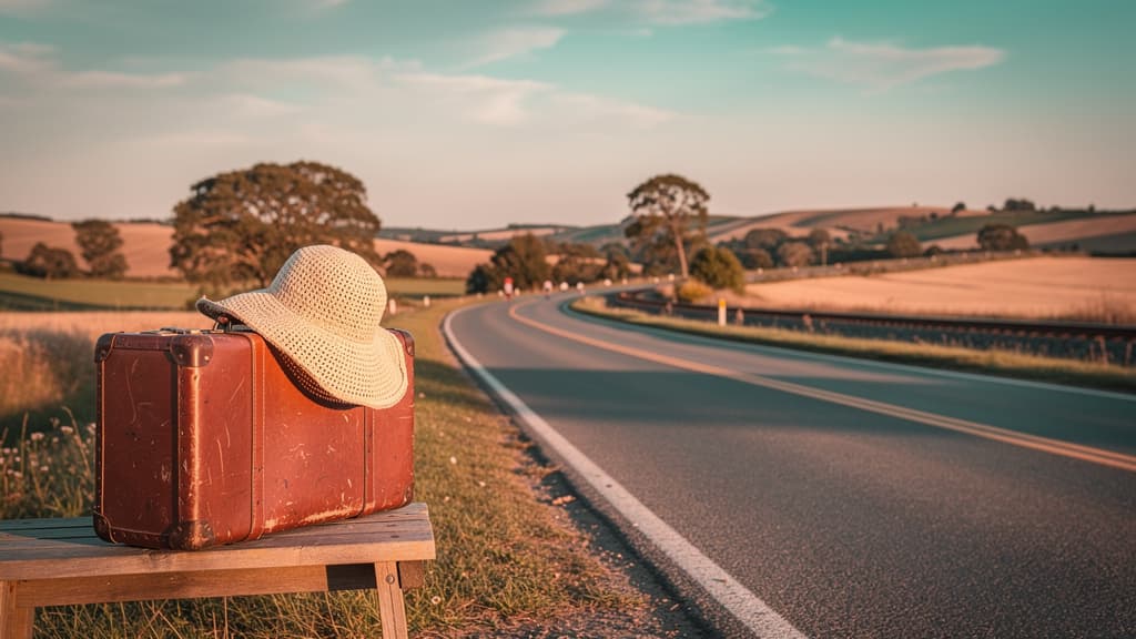 Valise vintage et chapeau sur un banc au bord d’une route de campagne s’étirant vers l’horizon